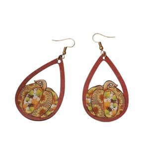 Thanksgiving Earrings - Retro Leopard and Sunflower Pumpkin Wood Dangle